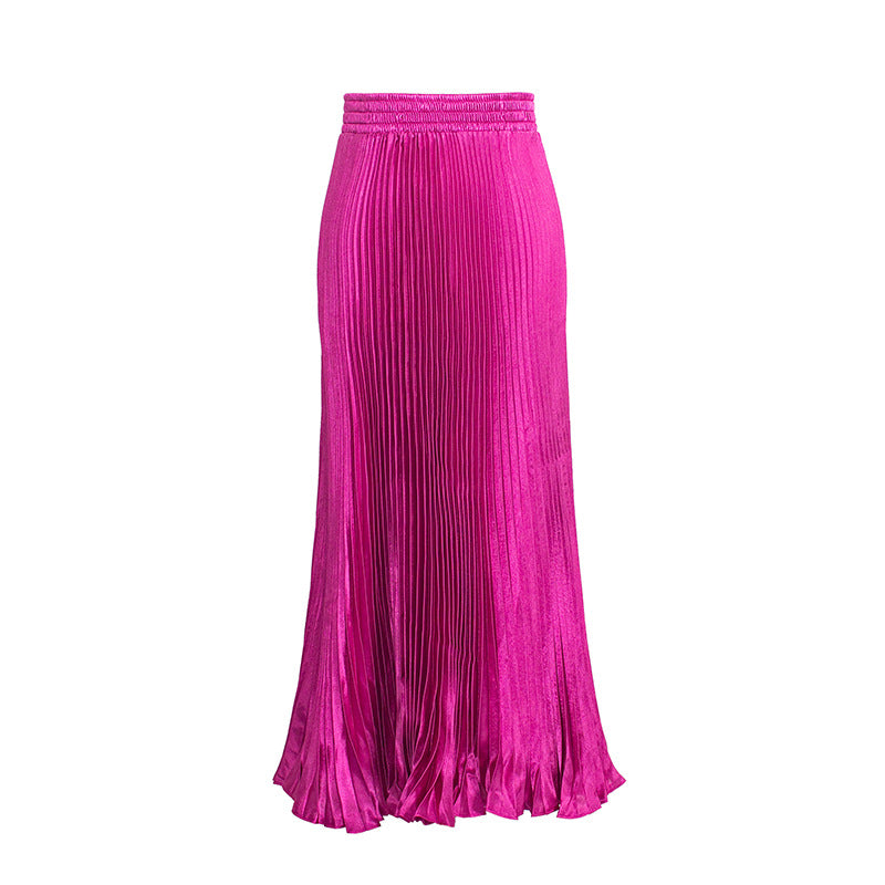 Women's Satin Metallic Pleated Maxi Skirt Long Organ Fan Long Length Elastic Waist