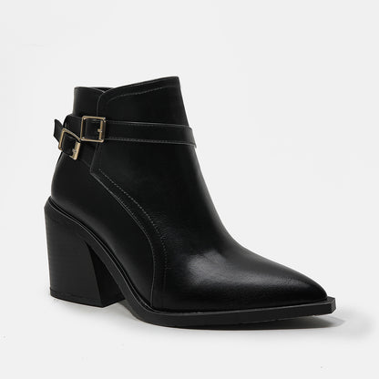 Women's Faux Leather Pointed Toe Thick Heel Ankle Boots
