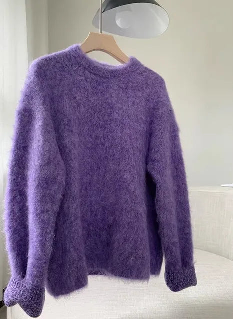 Women's Purple Mohair Style Knitted Pullover Sweater Loose Thickened Soft Warm Jumper