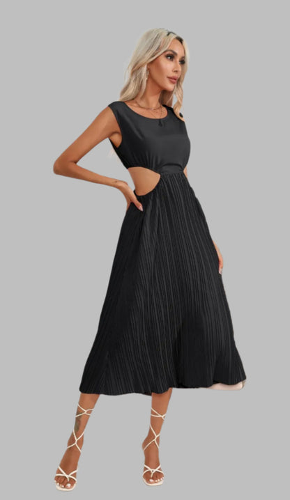 Women's Sleeveless Cutout Waist Pleated Midi Dress