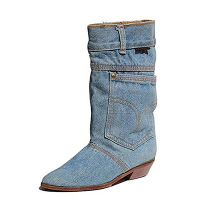 Women's Denim Cowboy Calf Boots Low Heel Side Pocket Pull On Footwear