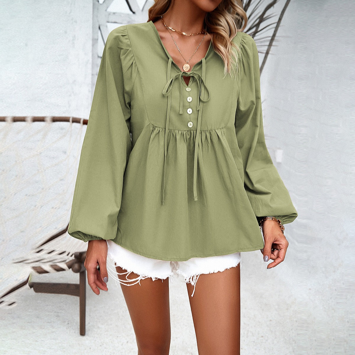 Women's Solid Colour Cotton Blouse V-Neck Loose Fit Long Sleeve Top