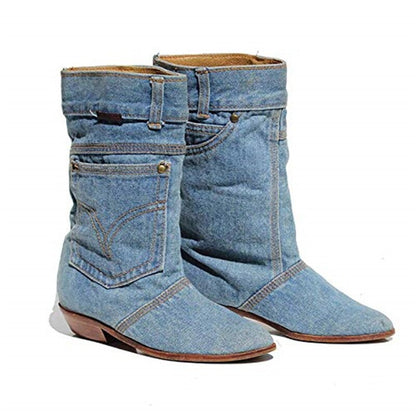 Women's Denim Cowboy Calf Boots Low Heel Side Pocket Pull On Footwear