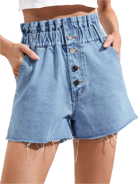 Women's High Waisted Frayed Hem Paper Bag Denim Shorts