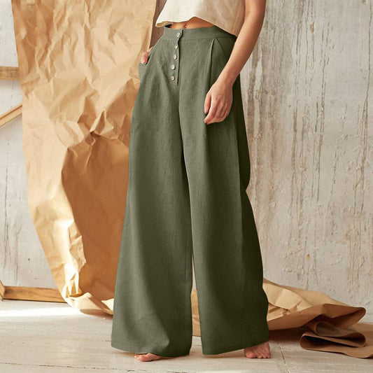 Women's Wide Leg Cotton Linen Baggy Trousers Loose Fitted with Pockets