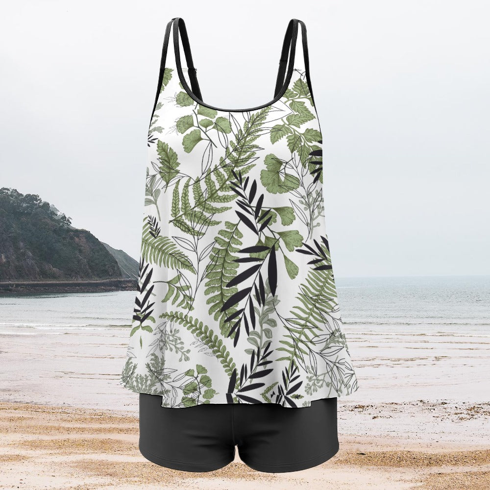 Women's Plus Size Leaf Print Split Strap Long Top And Shorts Swimsuit Swimwear Beachwear Set - 2 colours available