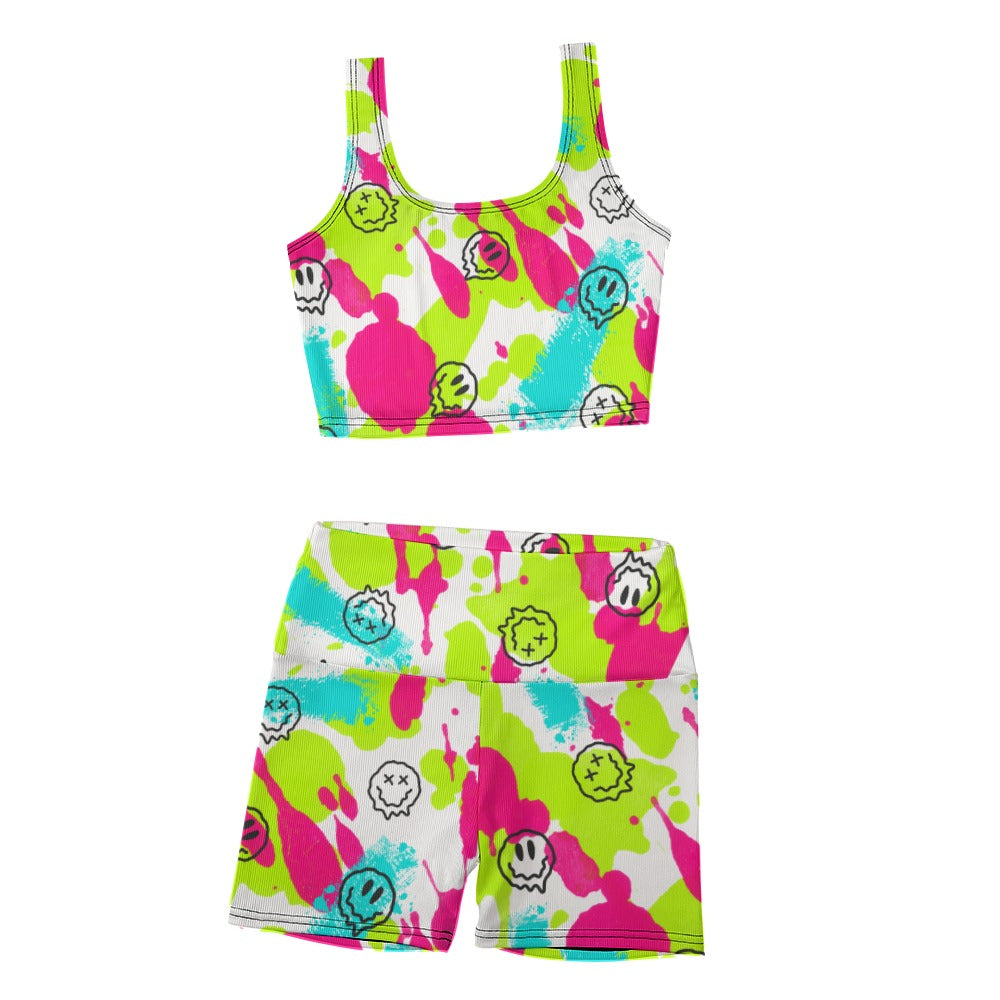 Women's 2Pc Vest Top and Shorts Outfit Set Paint Splash Smiley Faces Multicolour Raves Festival Yoga Clubbing Exercise