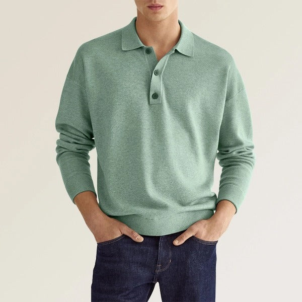 Men's Solid Colour Polo Shirt Long Sleeve Button Collar Loose Fit Casual Top