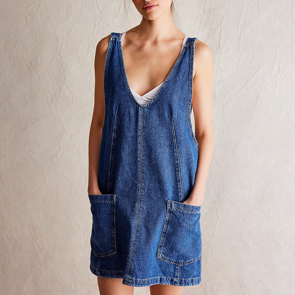 Women's Denim Pinafore Style V-Neck Backless Dress