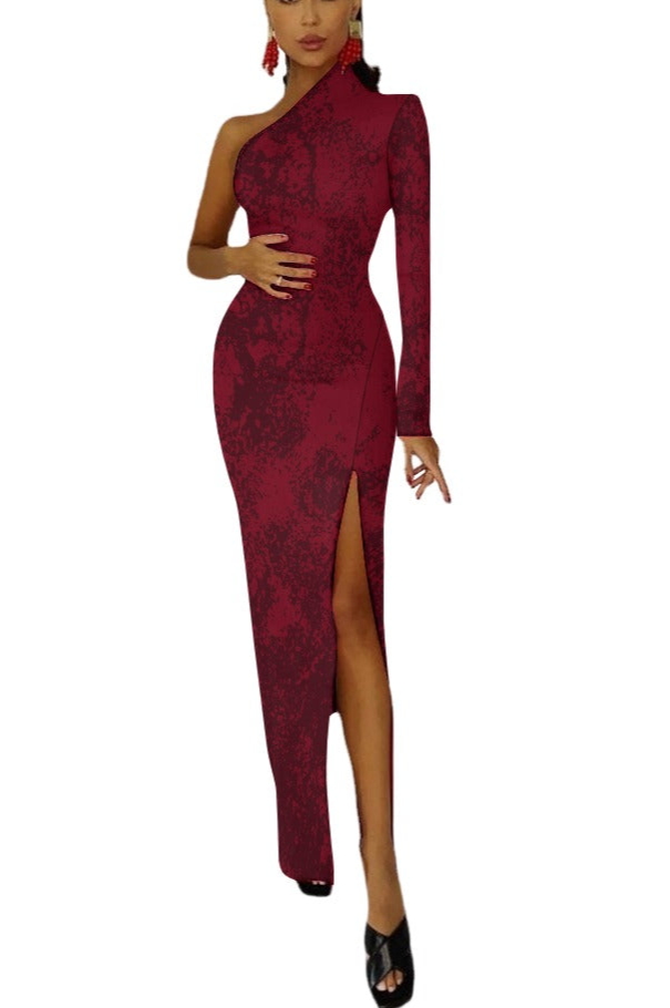 Women's Red Two-tone Paint Print One Shoulder Half Sleeve Thigh Slit Leg Long Dress Elegant Sexy Fashion