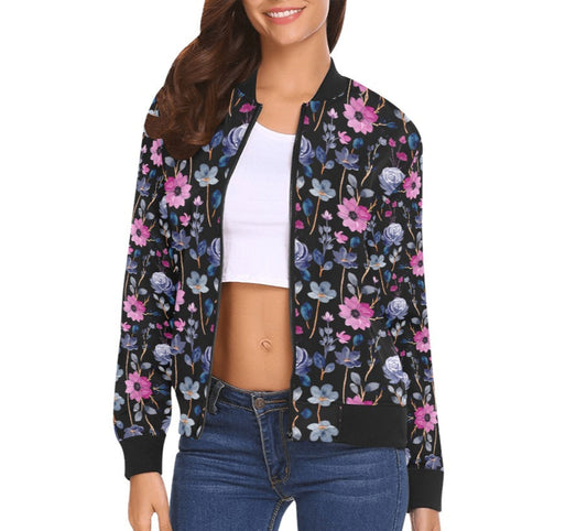 Women's Pink Black Floral Print Bomber Jacket