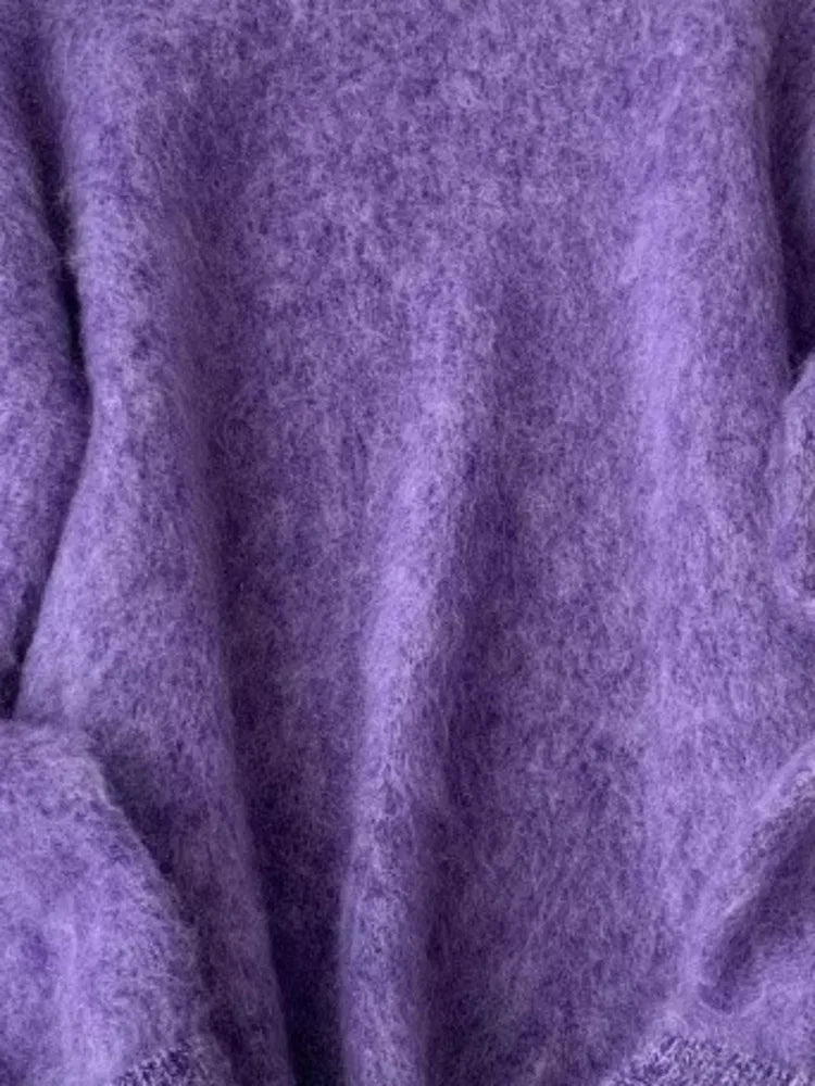 Women's Purple Mohair Style Knitted Pullover Sweater Loose Thickened Soft Warm Jumper