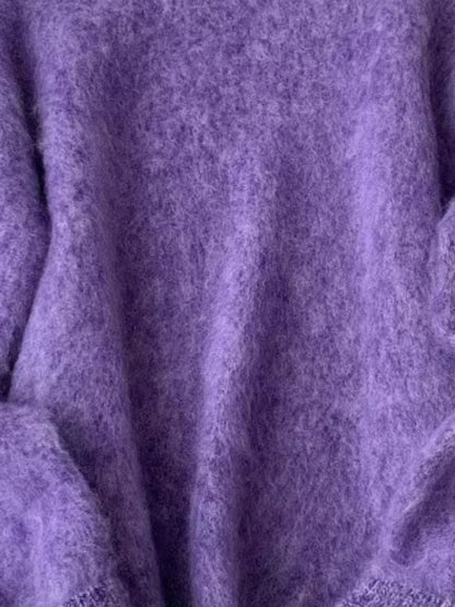 Women's Purple Mohair Style Knitted Pullover Sweater Loose Thickened Soft Warm Jumper