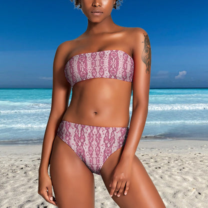 Women's Snakeskin Print Two Piece Strapless Tube Top and Pants Bottom Bikini Swimsuit Beach Summer Swimwear Pink