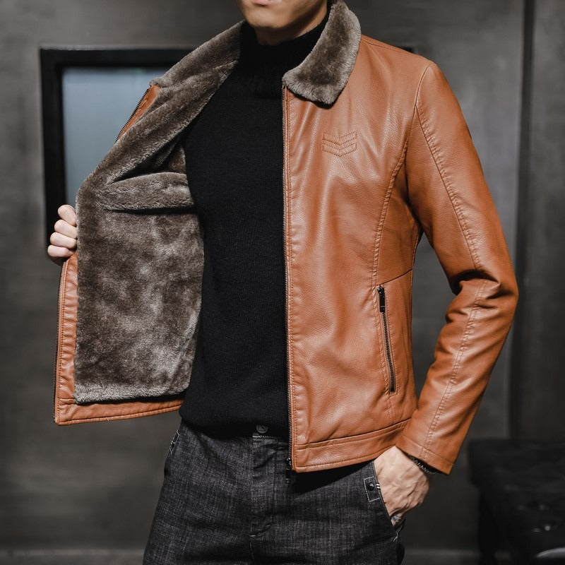 Men's Faux Leather Fur Lined Jacket Long Sleeve Lapel Collar Zip Front