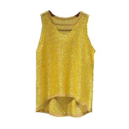 Women's Glitter Knitted Vest Top V-Neck Sleeveless Scalloped Front Hem