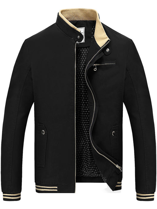 Men's Stripe Cuff Zip Up Lined Straight Collar Jacket