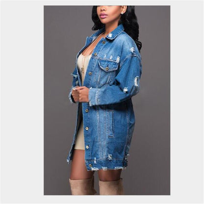 Women's Oversized Denim Jacket Boyfriend Style Frayed Bottom Detail Coat