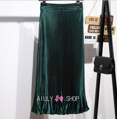 Women's Satin Metallic Pleated Maxi Skirt Long Organ Fan Long Length Elastic Waist