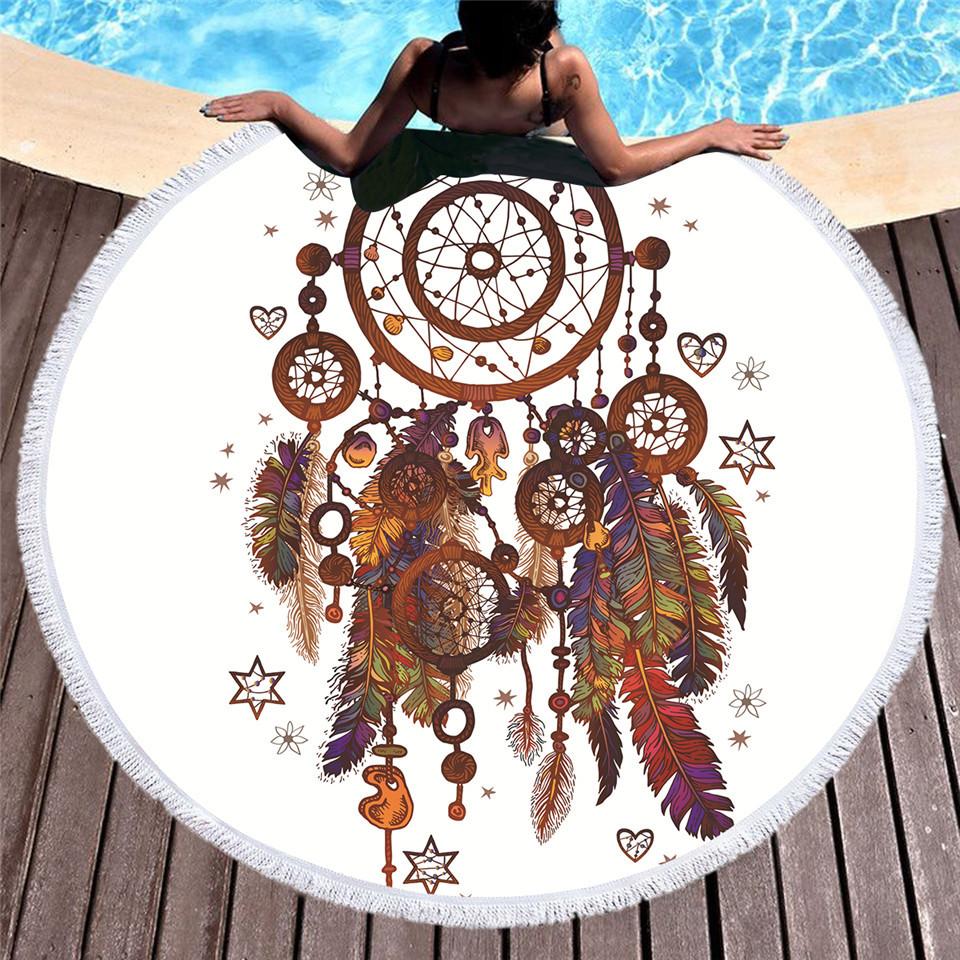 Dreamcatcher Feathers Round Tassel Edge Fleece Blanket Microfibre Towel Beach Tapestry 150cm