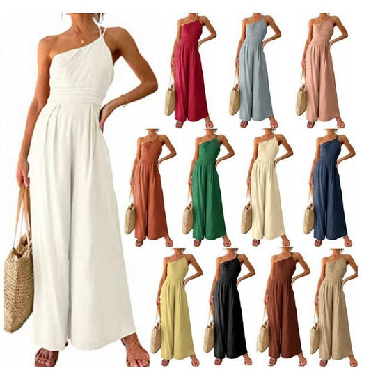 Women's Solid Colour Linen Jumpsuit Camisole Sleeveless One Shoulder Fitted Waist Wide Leg Trendy Outfit