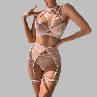 Women's Soft Pink Strappy Mesh Delicate Three Piece Lingerie Set with Choker