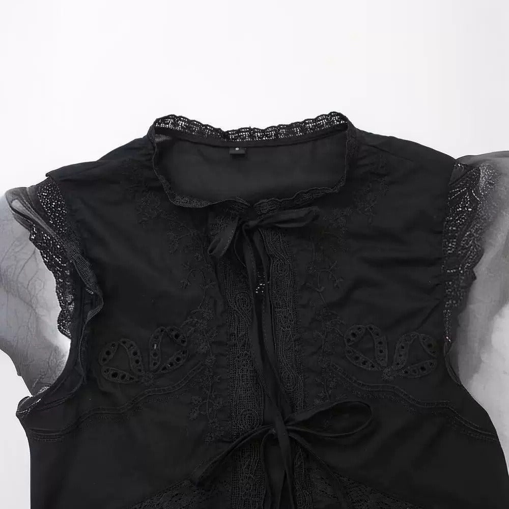 Women's Lace Embroidered Tie Front Blouse Sleeveless Round Neck Lightweight Top