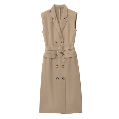 Women's Sleeveless Trench Coat Style Midi Dress Double Breasted Belt Waist V-Neck Collar