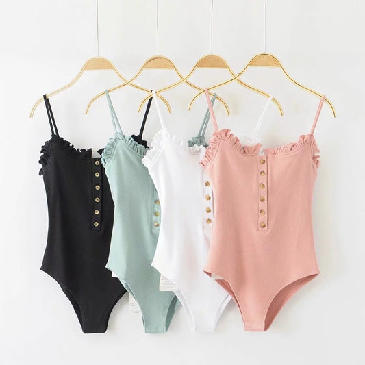 Women's Cotton Frilled Edge Button Detail Front Spaghetti Strap Bodysuit