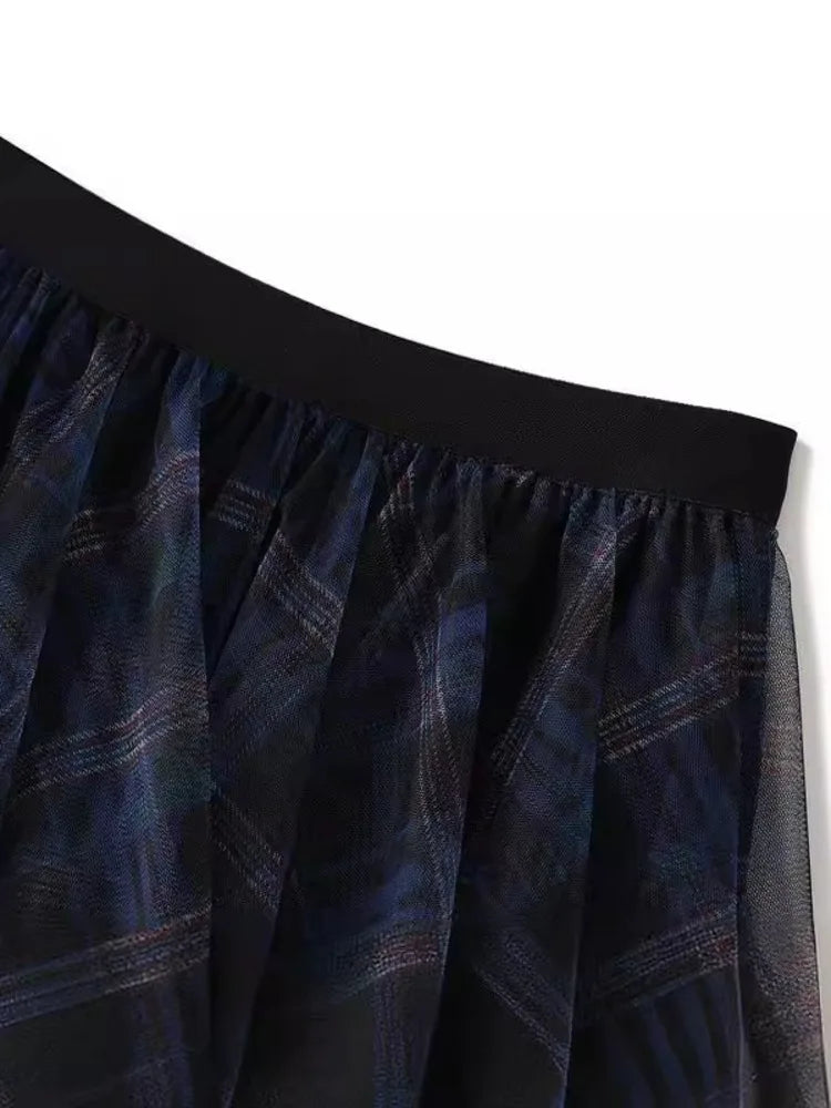 Women's Tartan Mesh Layered A-line Midi Flare Skirt