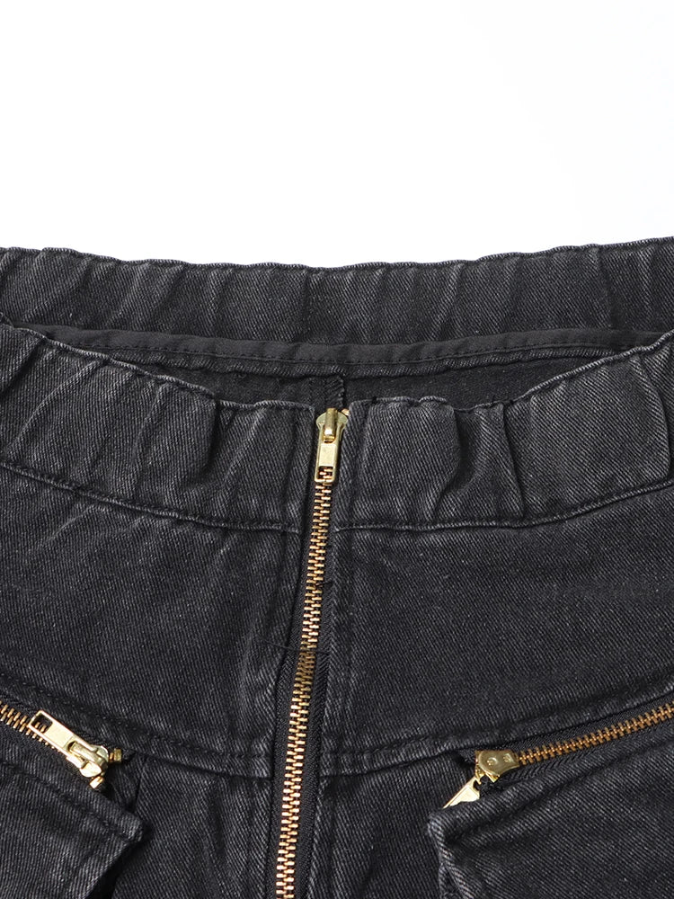 Women's Denim Wide Leg Zipper Front Large Pockets Cargo Jeans