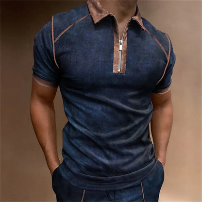 Men's Polo Shirt Zipper Collar Short Sleeve Detailed Shoulder Casual T-shirt