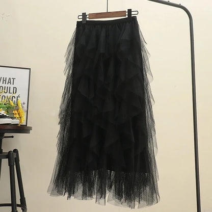 Women's Mesh Layered Elastic Waist Midi Skirt