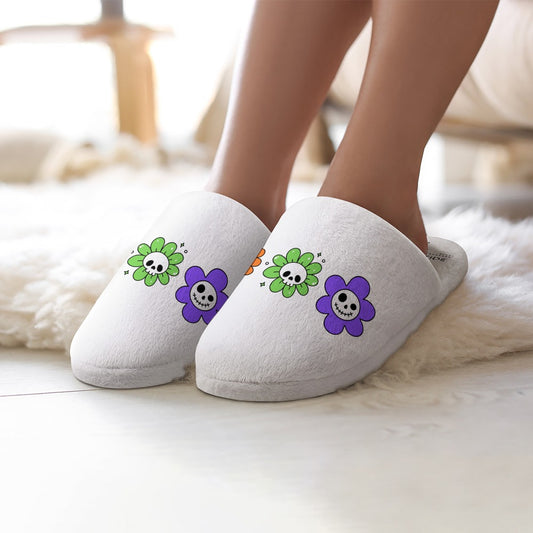 Women's Skeleton Flower Halloween Cotton Flannel Slippers Indoor Home Shoes