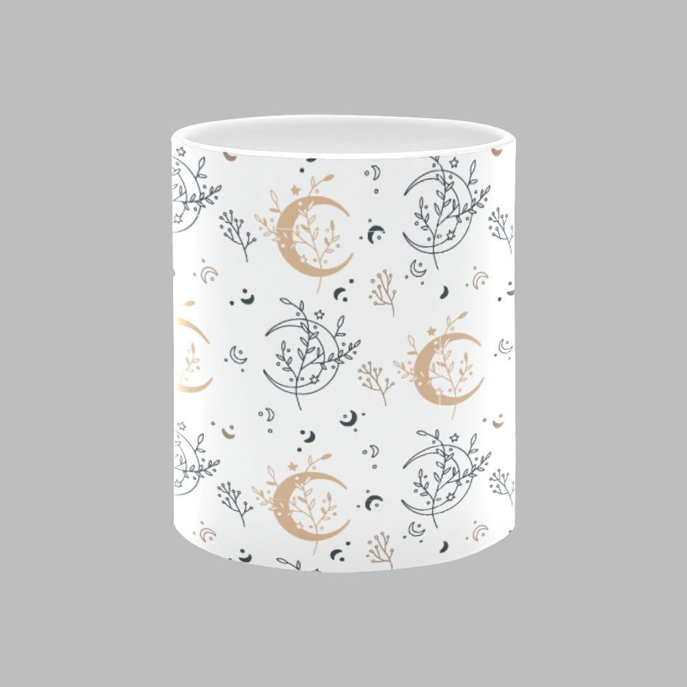 Moon Floral Leaves Print Wrap Drinkware White 11oz Ceramic Cup Mug