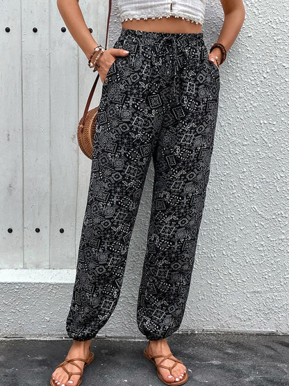 Women's Bohemian Print Tie Waist With Pockets Trousers