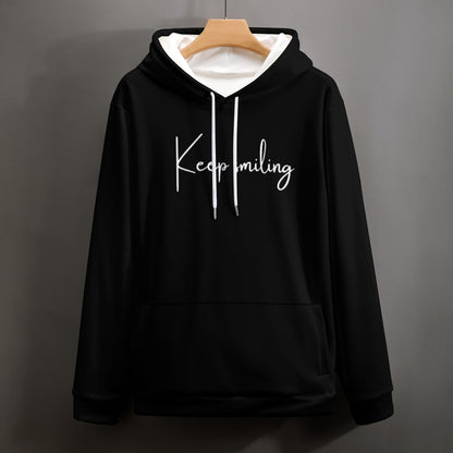 Plus Size Unisex Front and Back Letter Print Keep Smiling Sweatshirt Long Sleeve Drawstring Pocket Hoodie Top