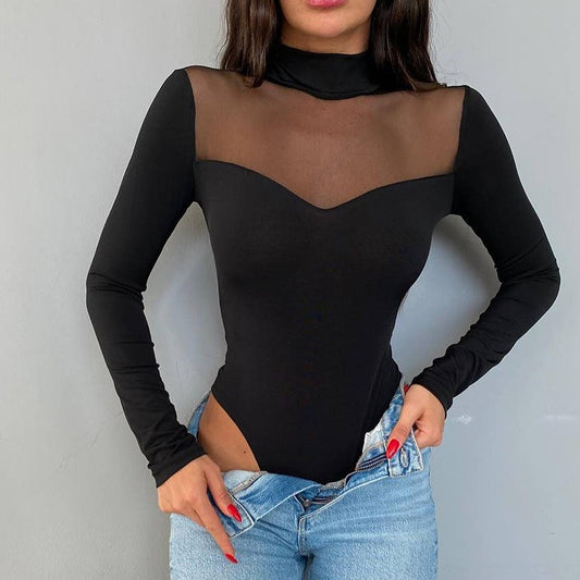 Women's Solid Colour Mesh Bodysuit Long Sleeve High Neck Slim Fitted Top