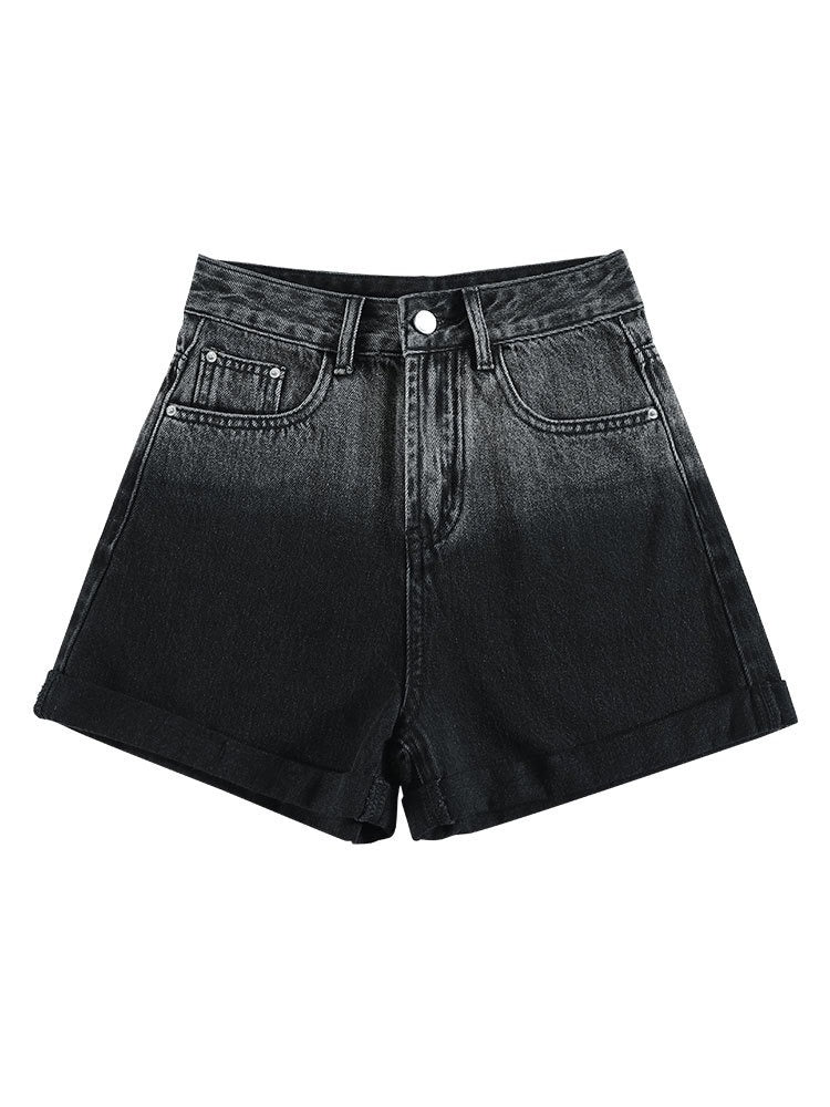 Women's Black Ombre Faded Wash Denim Shorts High Waist Fitted Jeans