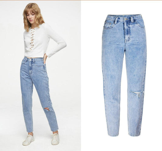 Women's Denim Jeans High Waist Straight Wide Leg Slight Ripped Trousers