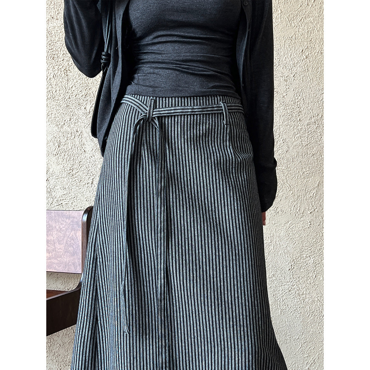 Women's Pinstripe Frayed Hem A-Line Maxi Skirt Waist Tie Belt