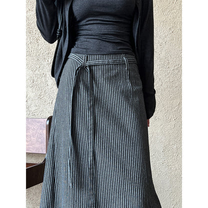 Women's Pinstripe Frayed Hem A-Line Maxi Skirt Waist Tie Belt