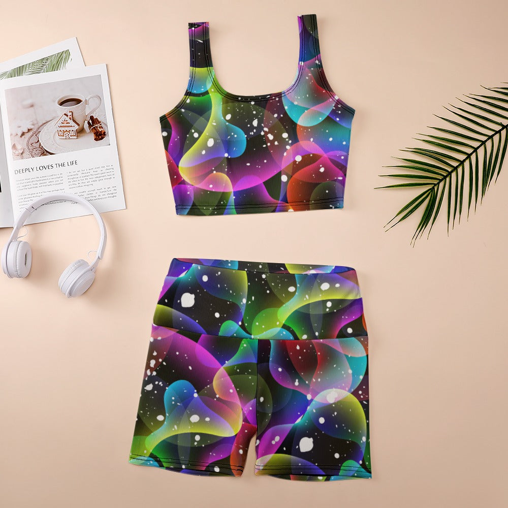 Women's 2Pc Vest Top and Shorts Outfit Set Paint Splash Multicolour Raves Festival Yoga Clubbing Exercise