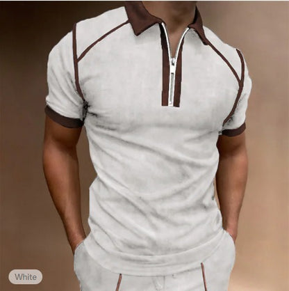 Men's Polo Shirt Zipper Collar Short Sleeve Detailed Shoulder Casual T-shirt