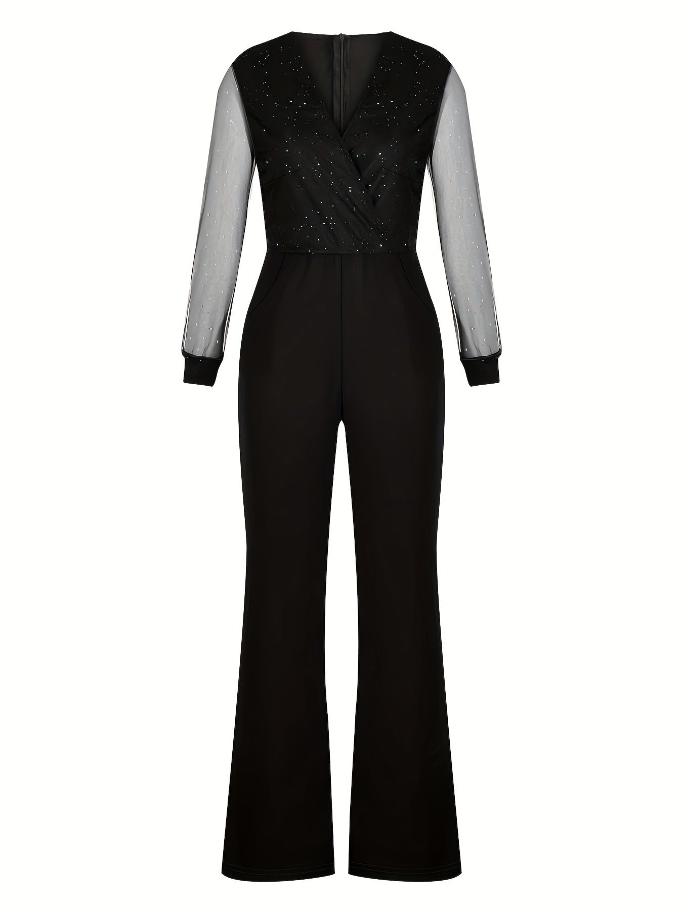 Women's Elegant Mesh Sparkle Top Fitted Trousers Jumpsuit V-Neck Pockets Outfit