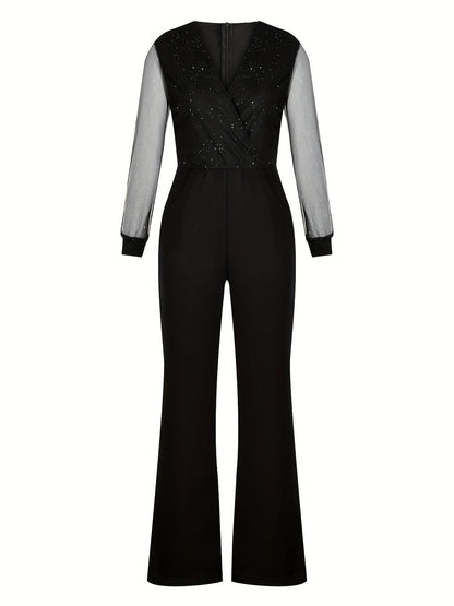 Women's Elegant Mesh Sparkle Top Fitted Trousers Jumpsuit V-Neck Pockets Outfit