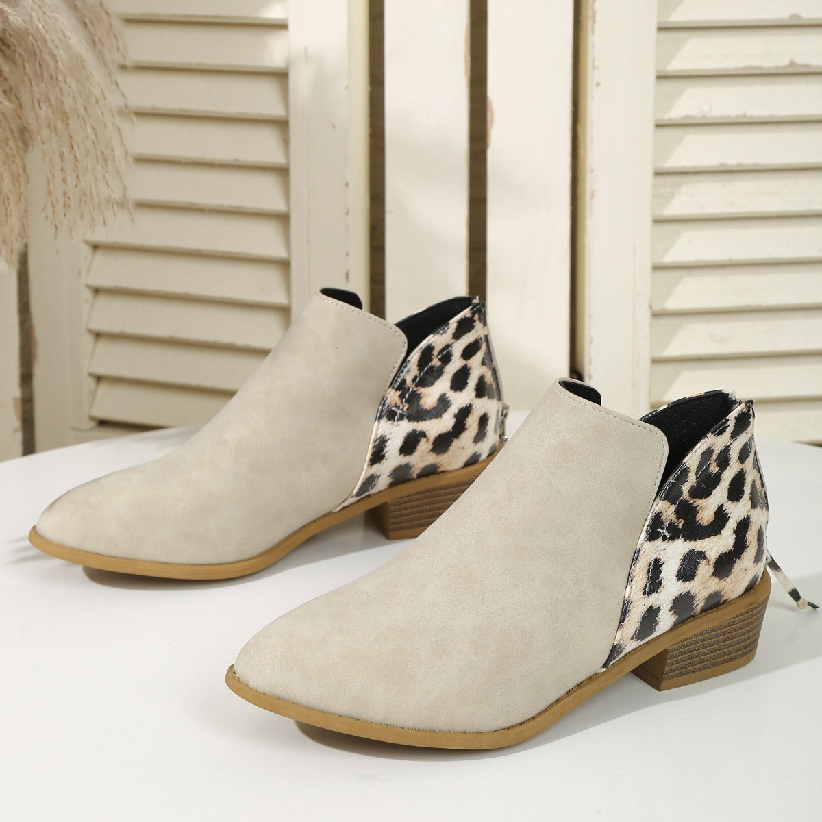 Women's Suede Leopard Print Ankle Boots Pointed Low Thick Heels Back Zipper Shoes