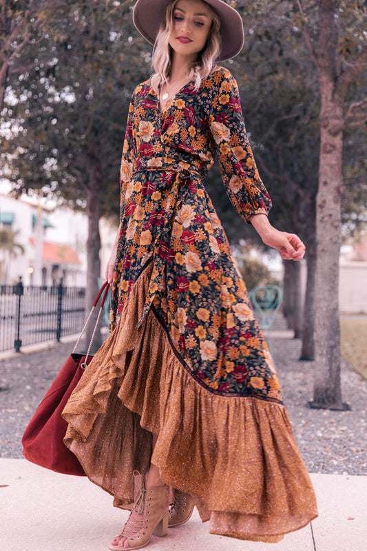 Women's Bohemian Floral Print Ruffled Hem Long Sleeve V-Neck Wrap Maxi Dress