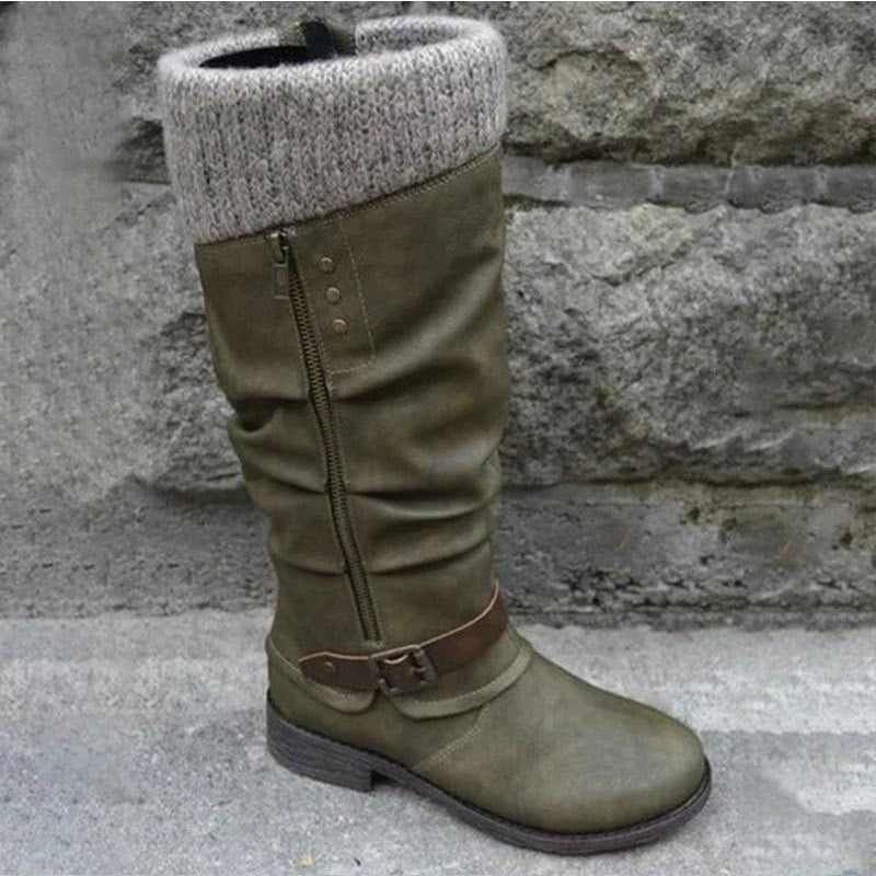 Women's Knee Length Snow Boots Wool Trim Thick Low Heel Zip Side Footwear