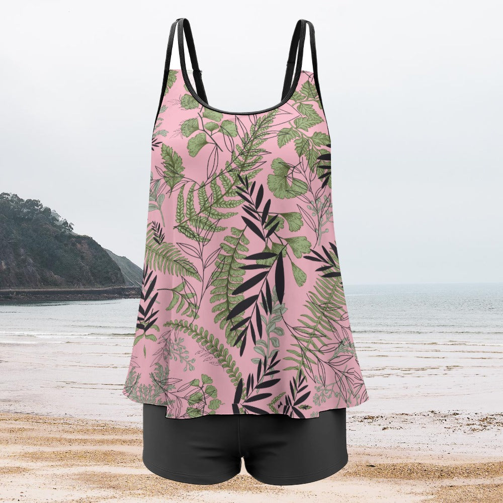 Women's Plus Size Leaf Print Split Strap Long Top And Shorts Swimsuit Swimwear Beachwear Set - 2 colours available